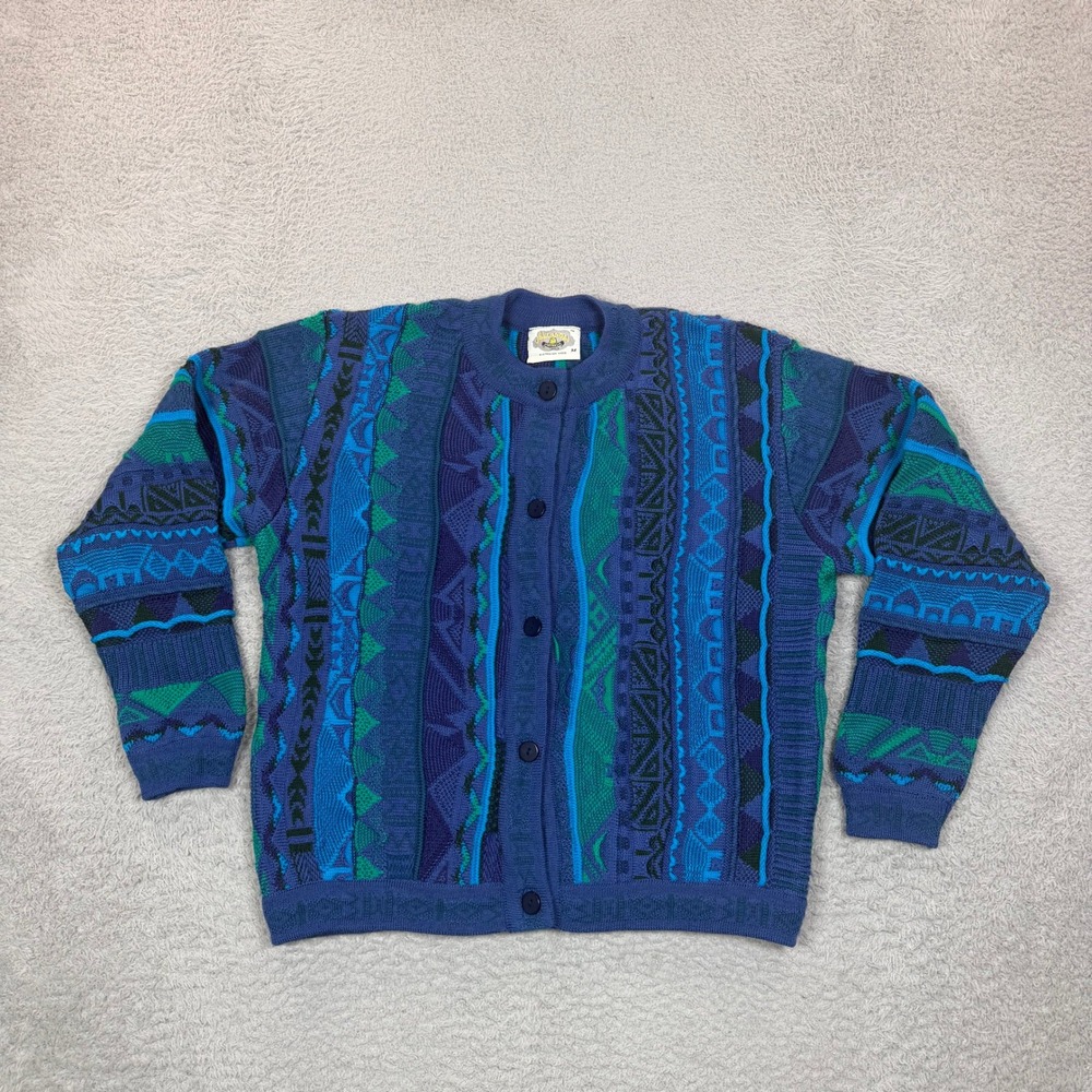 Vintage Aklanda Australia Pure New Wool 3D Textured Knit Cardigan Blue Teal M